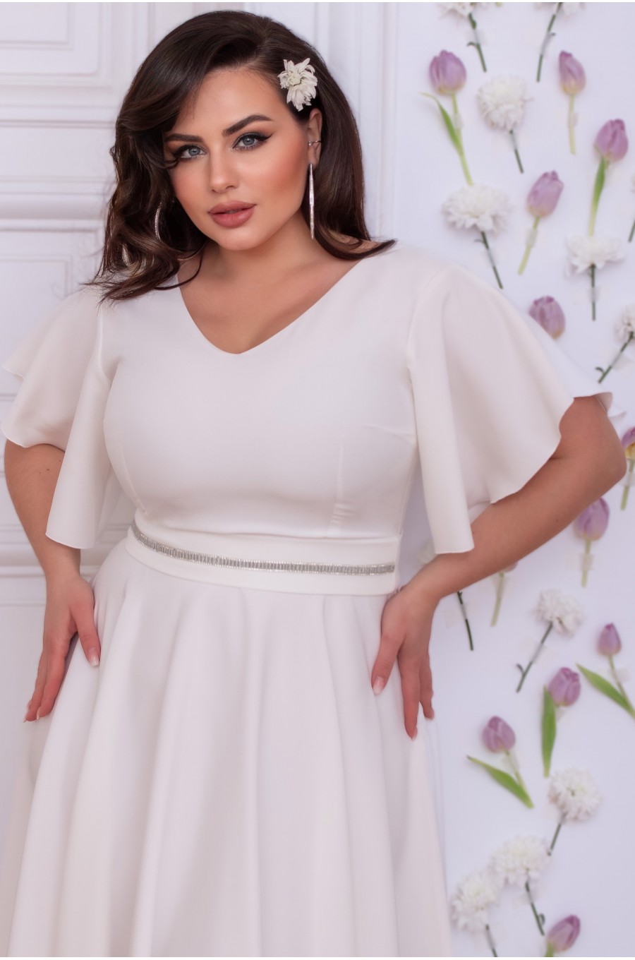 Rochie cununie civila marime mare midi, din bumbac, alba, cu maneca evazata, LunaXXL 5 - dyandra.ro