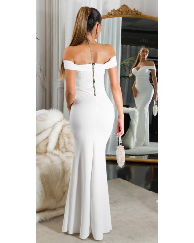 Rochie cununie civila lunga, alba, cu umerii goi, crapata pe picior, Berda - dyandra.ro