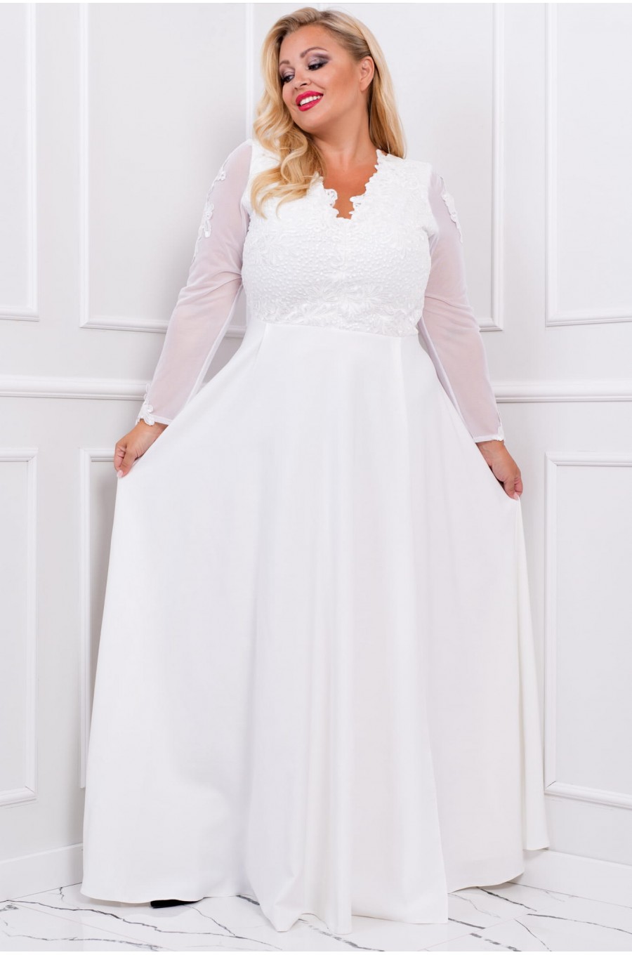 Rochie cununie civila lunga alba dantela cu maneca lunga cu broderie pe bust Karmen 2 - dyandra.ro