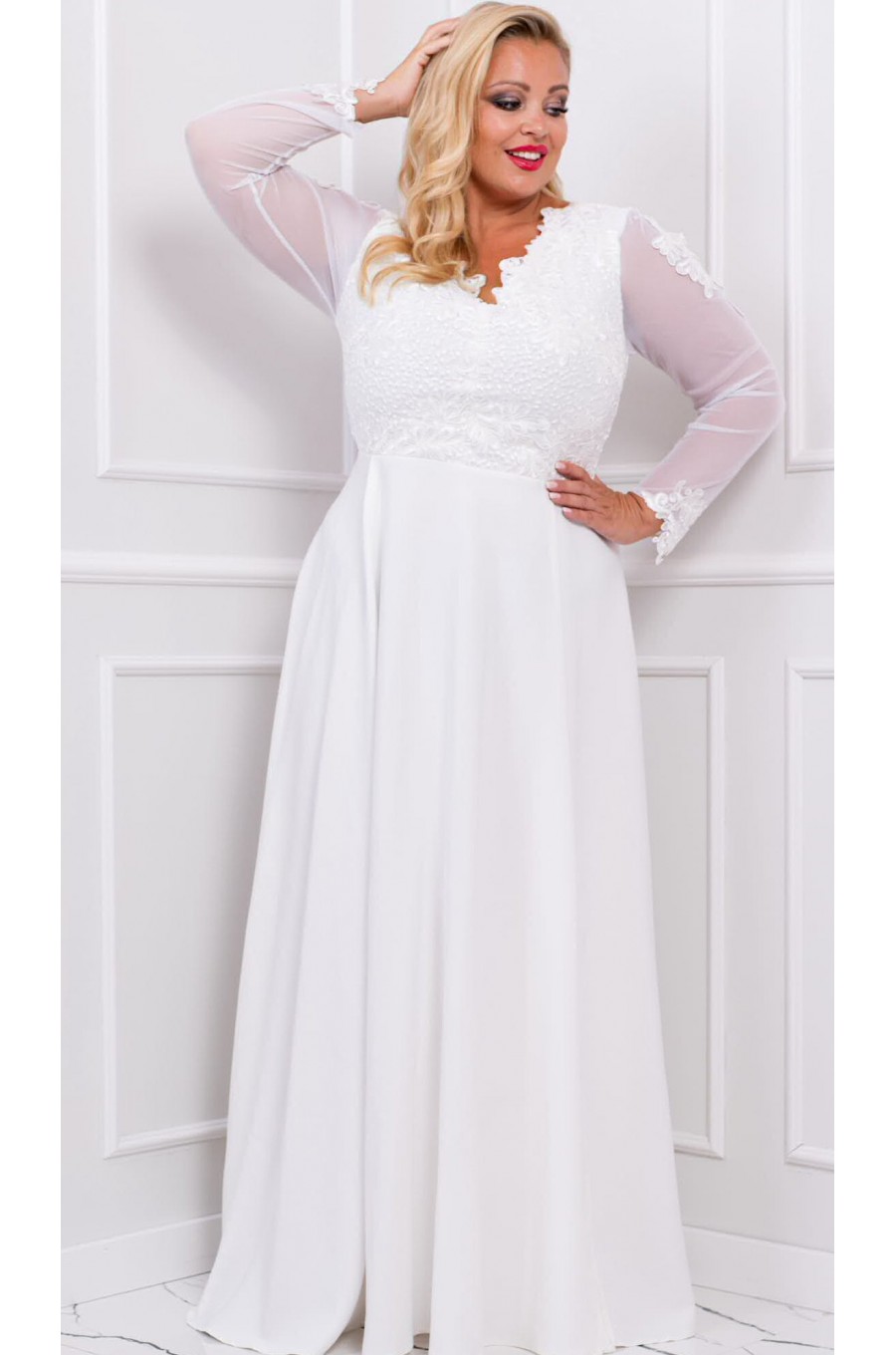 Rochie cununie civila lunga alba dantela cu maneca lunga cu broderie pe bust Karmen 3 - dyandra.ro