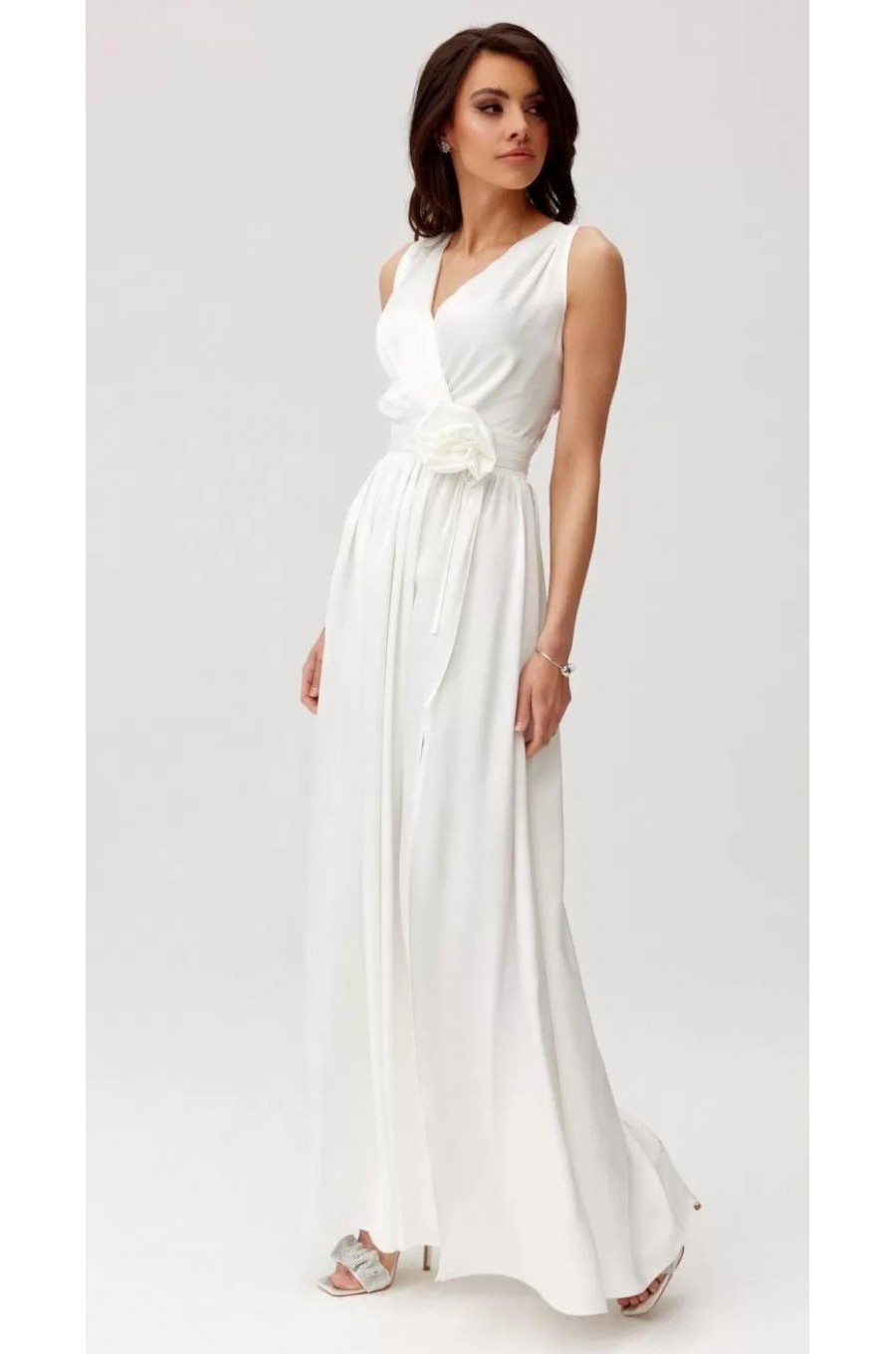 Rochie cununie civila lunga, din satin, alba, cu floare in talie, PalomaR Rochie cununie civila lunga, din satin, alba, cu floare in talie, PalomaR 2 - dyandra.ro