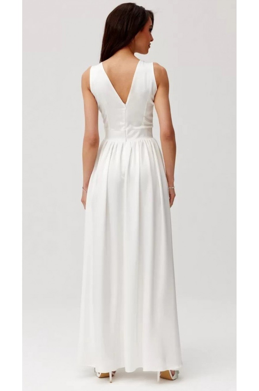 Rochie cununie civila lunga, din satin, alba, cu floare in talie, PalomaR Rochie cununie civila lunga, din satin, alba, cu floare in talie, PalomaR 3 - dyandra.ro
