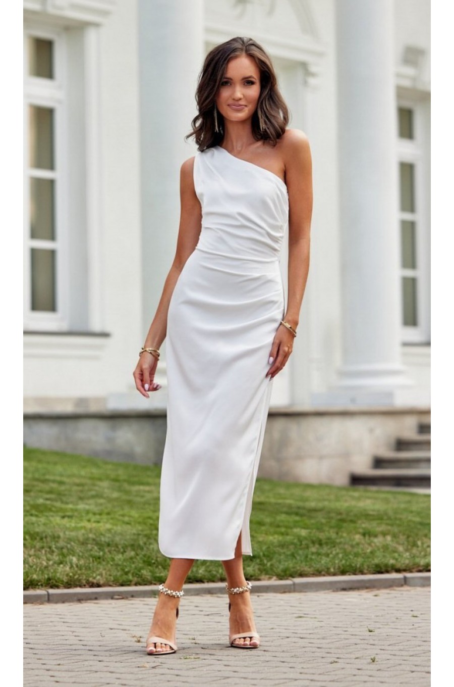 Rochie cununie civila lunga, din satin, alba, cu un umar gol, Lamia Rochie cununie civila lunga, din satin, alba, cu un umar gol, Lamia 1 - dyandra.ro