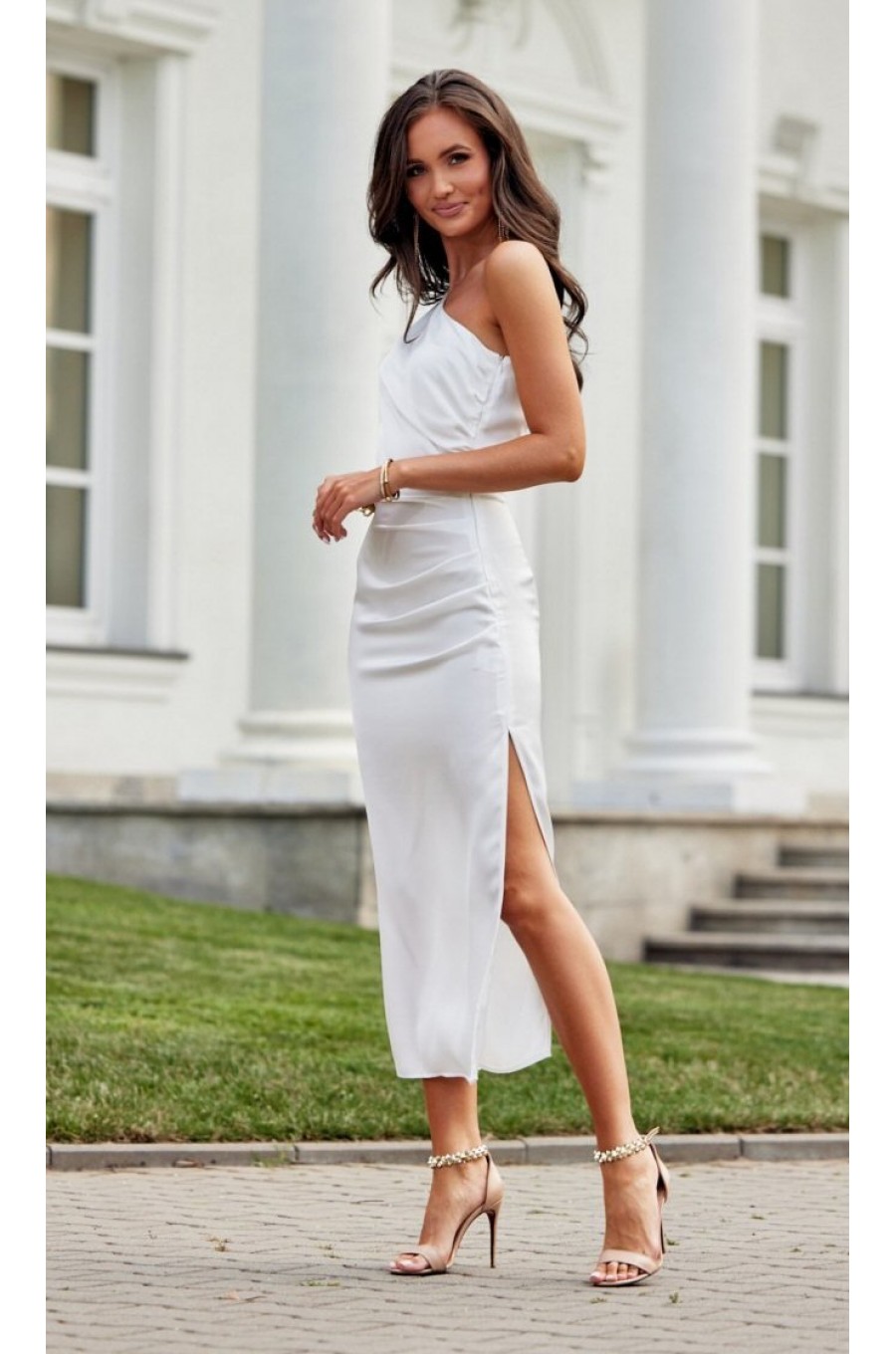 Rochie cununie civila lunga, din satin, alba, cu un umar gol, Lamia Rochie cununie civila lunga, din satin, alba, cu un umar gol, Lamia 3 - dyandra.ro