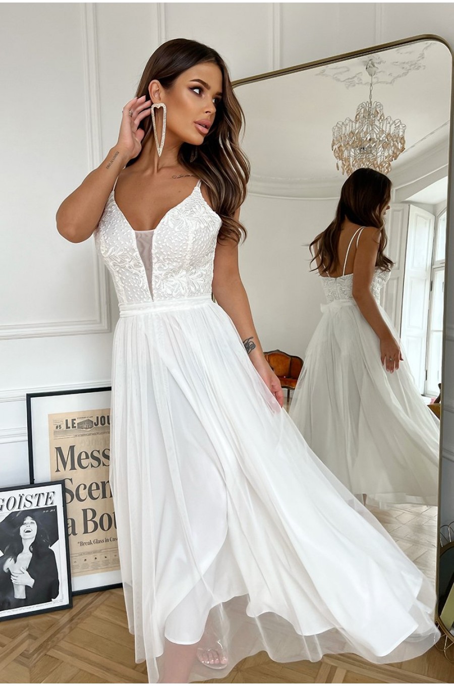 Rochie cununie civila lunga, din tul si dantela, ecru, vaporoasa, Arabela 1 - dyandra.ro