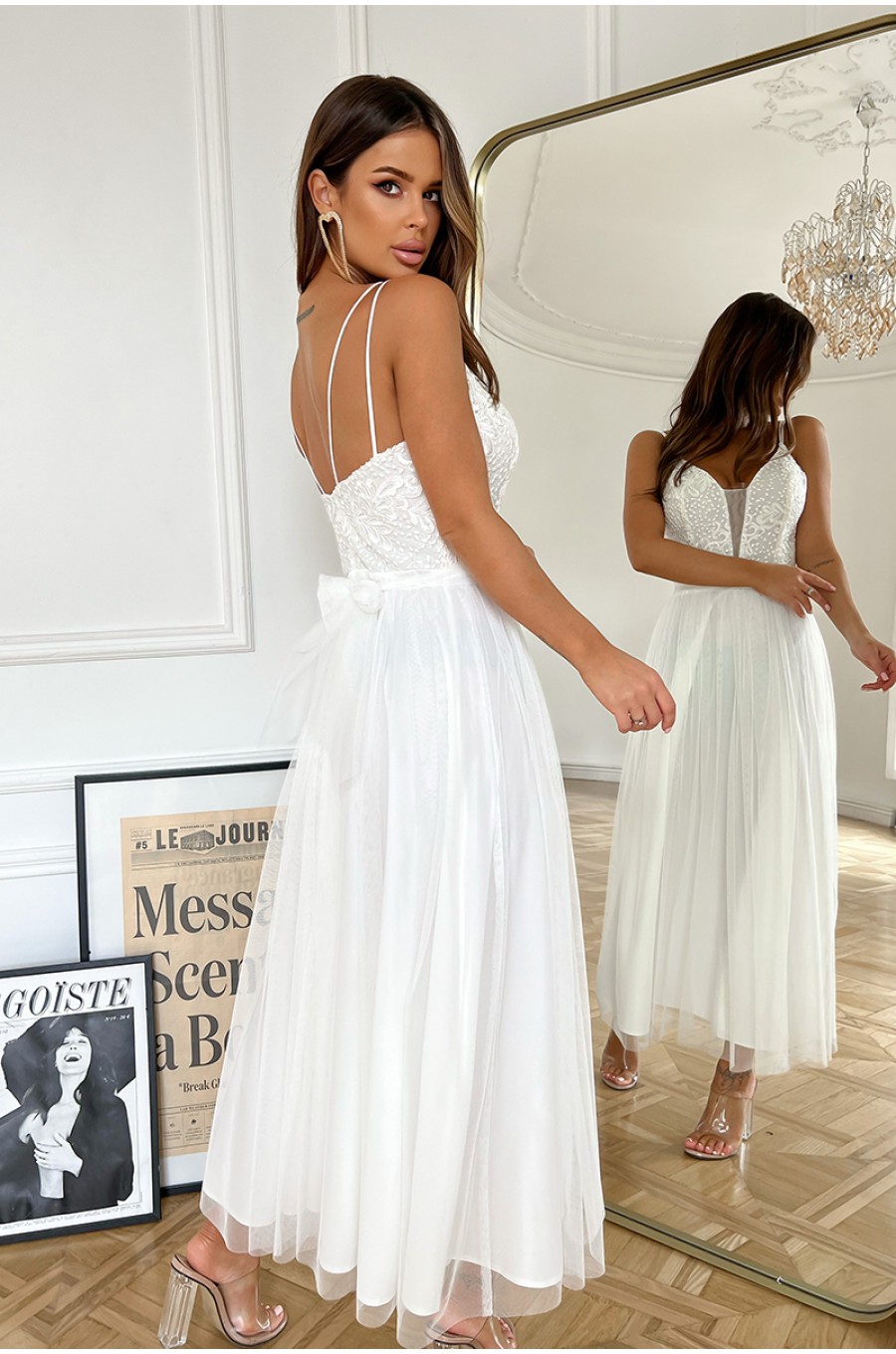 Rochie cununie civila lunga, din tul si dantela, ecru, vaporoasa, Arabela 2 - dyandra.ro