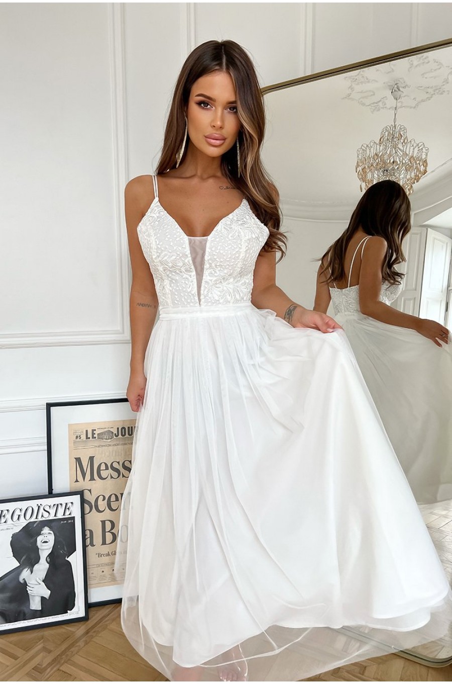 Rochie cununie civila lunga, din tul si dantela, ecru, vaporoasa, Arabela 4 - dyandra.ro