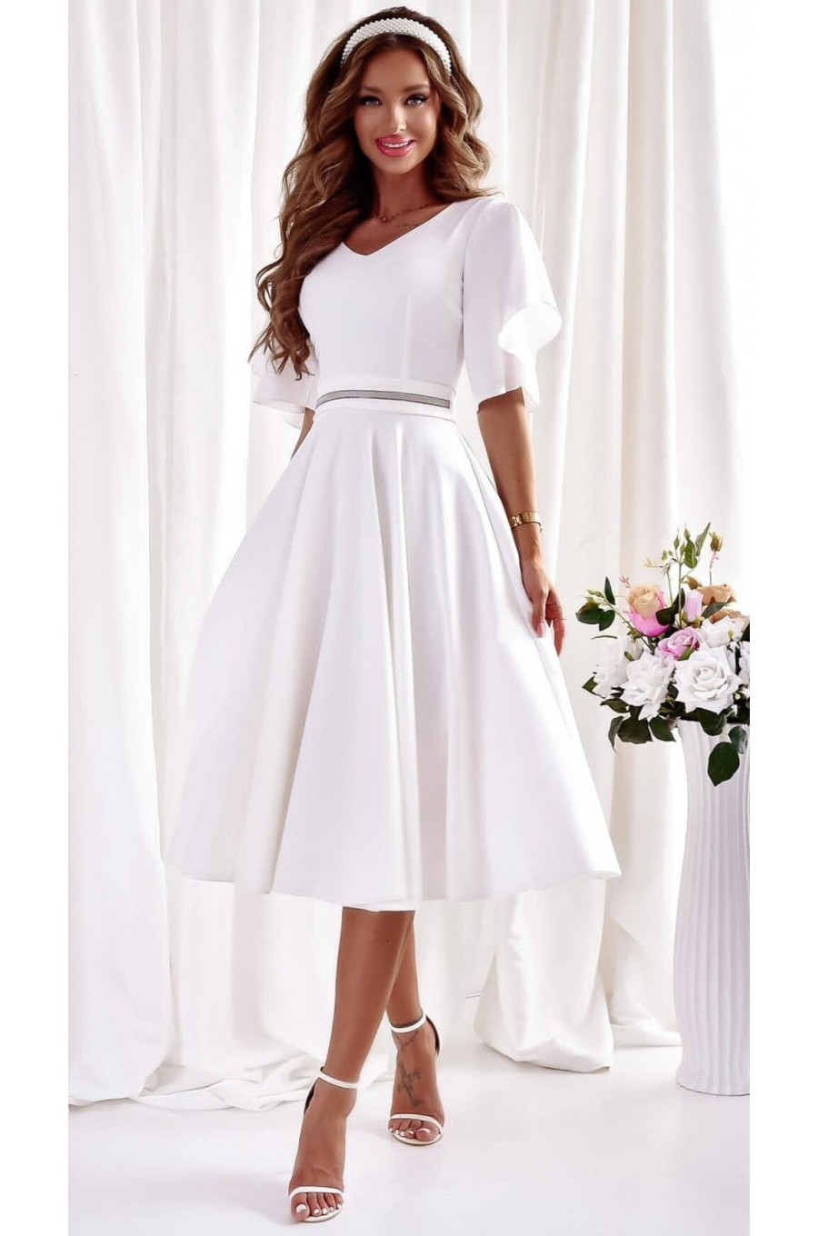 Rochie cununie civila, midi, din bumbac, alba, in clos, asiemtrica, LunaW Rochie cununie civila, midi, din bumbac, alba, in clos, asiemtrica, LunaW 1 - dyandra.ro