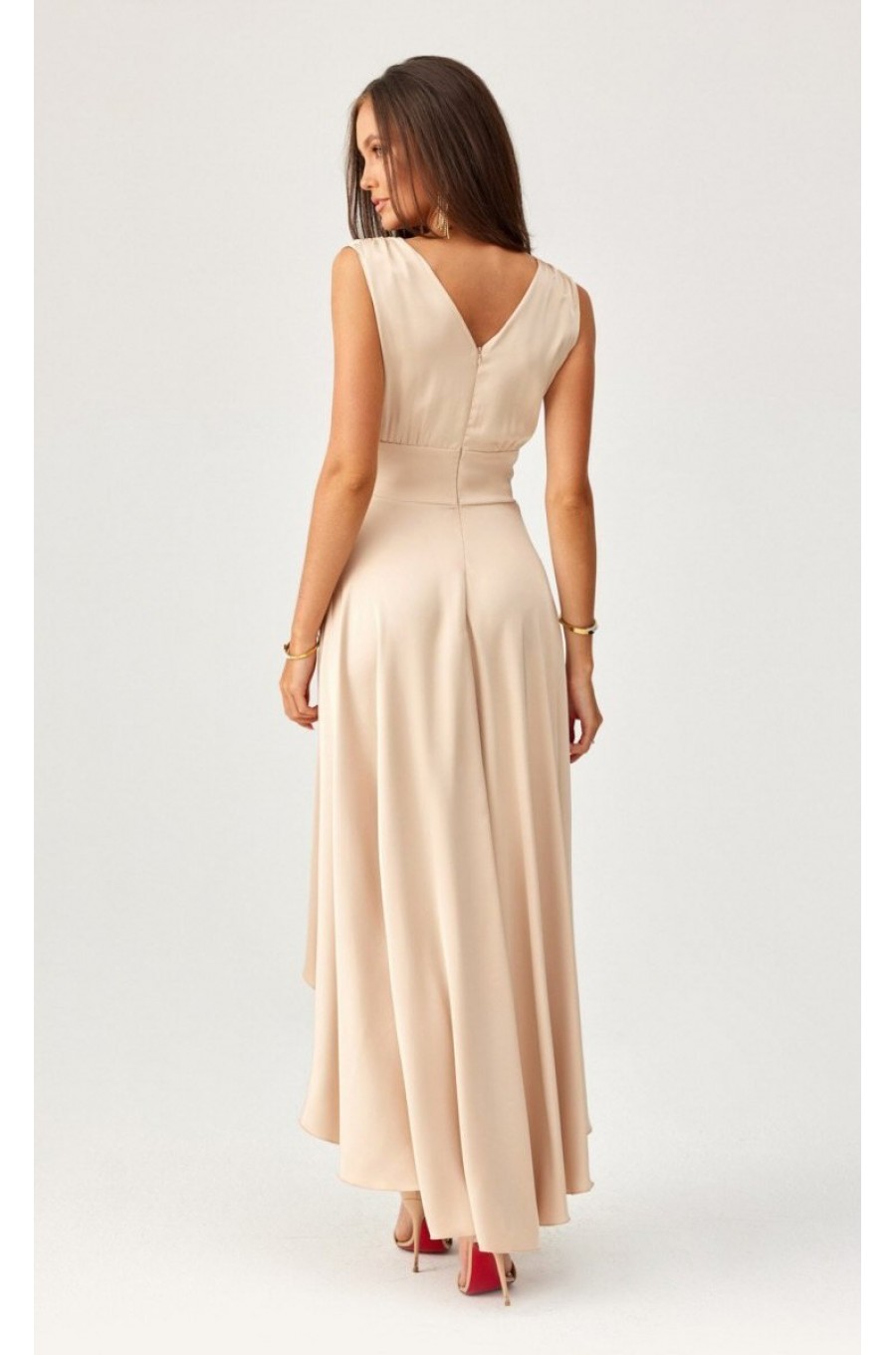 Rochie cununie civila midi, din satin bej, asimetrica, cu trena, Jennifer 2 - dyandra.ro