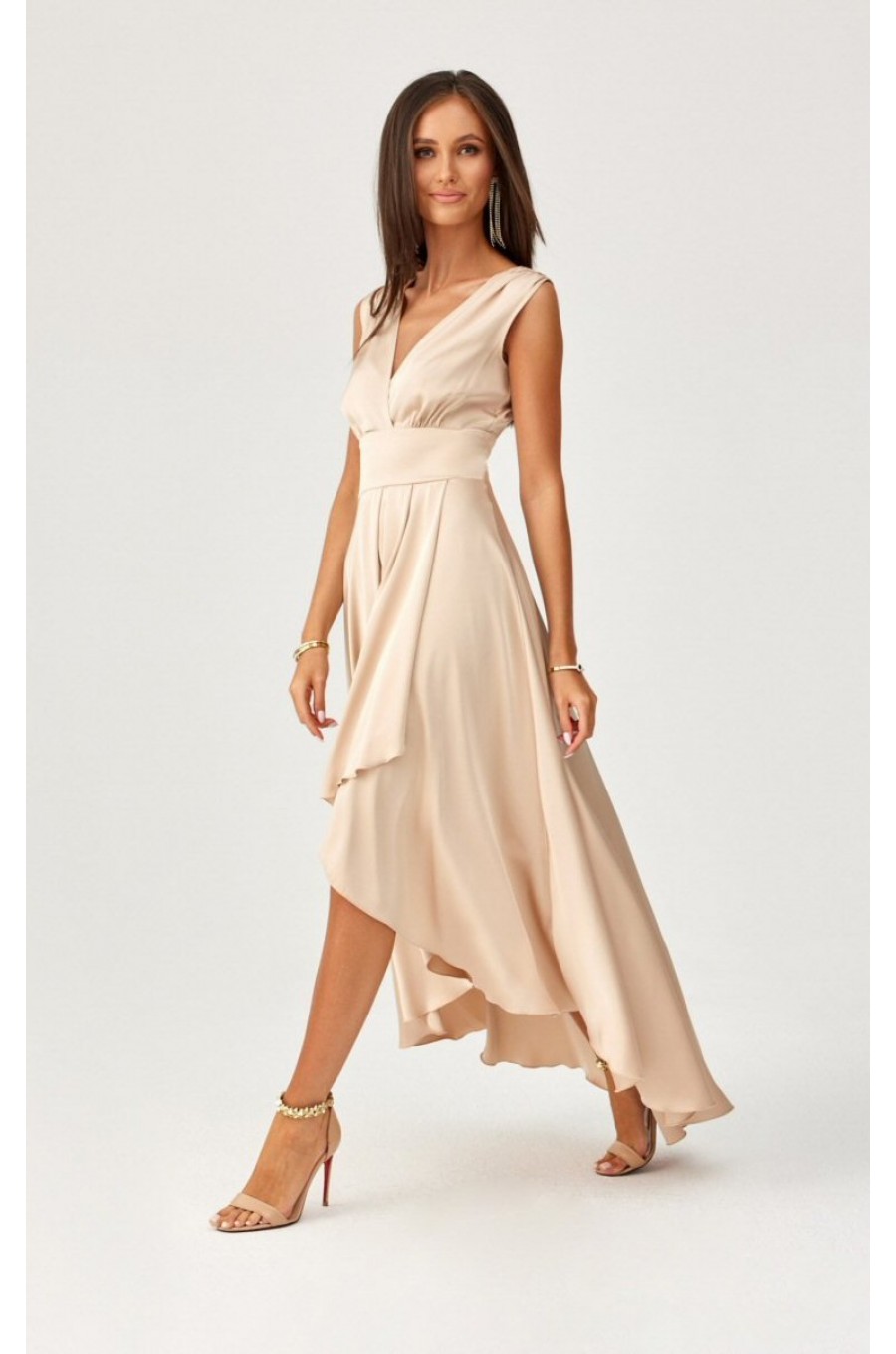 Rochie cununie civila midi, din satin bej, asimetrica, cu trena, Jennifer 3 - dyandra.ro