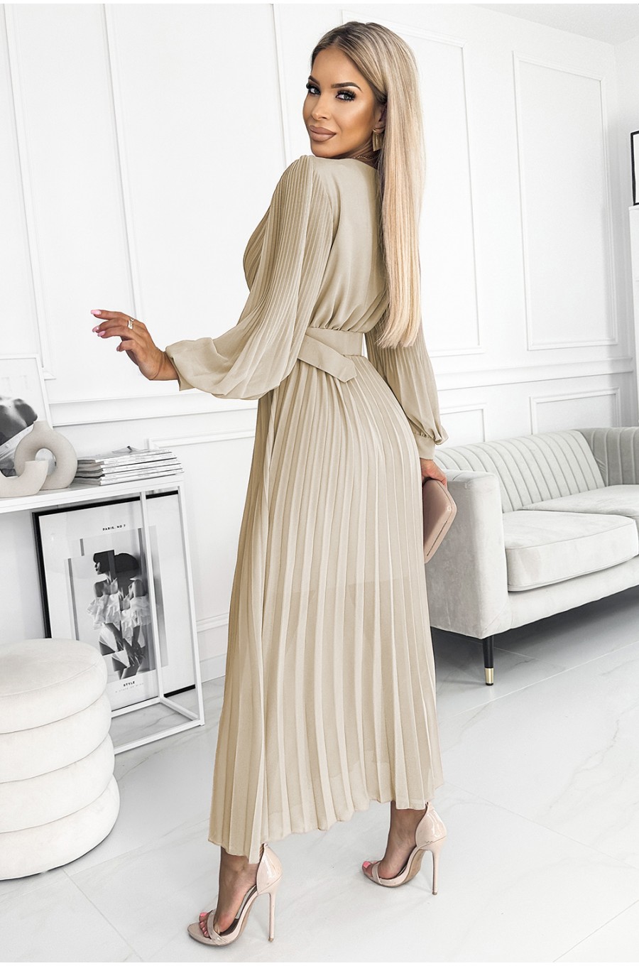 Rochie cununie civila, plisata, lunga, din chiffon bej, cu maneca lunga, vaporoasa, Vaneira 2 - dyandra.ro