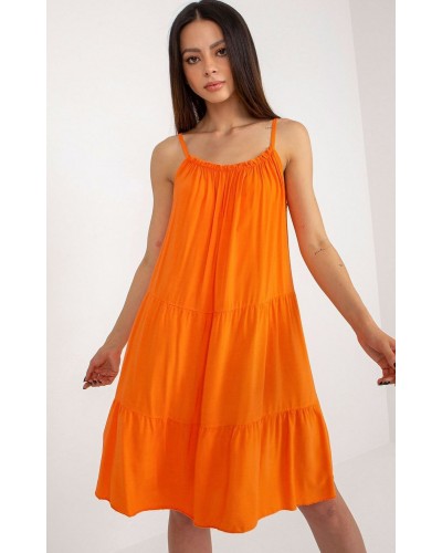 Rochie midi de vara din vascoza orange vaporoasa cu volane Amedia - dyandra.ro