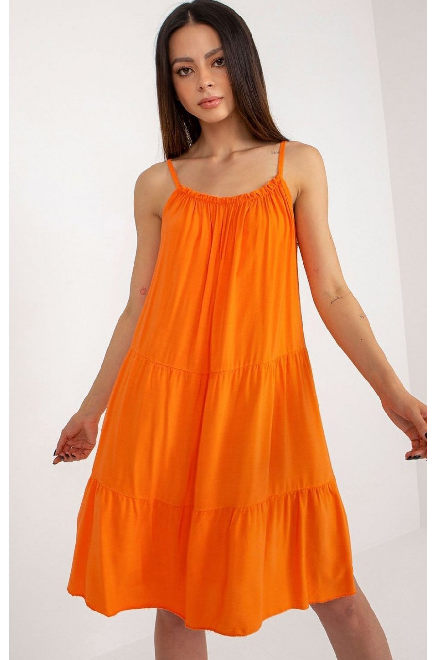 Rochie midi de vara din vascoza orange vaporoasa cu volane Amedia 1 - dyandra.ro