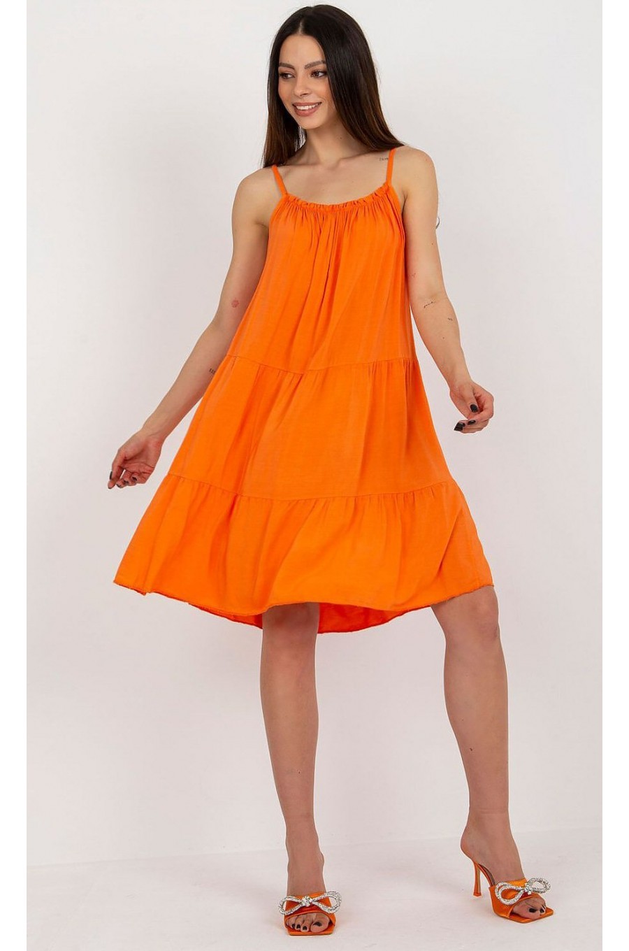 Rochie midi de vara din vascoza orange vaporoasa cu volane Amedia 3 - dyandra.ro