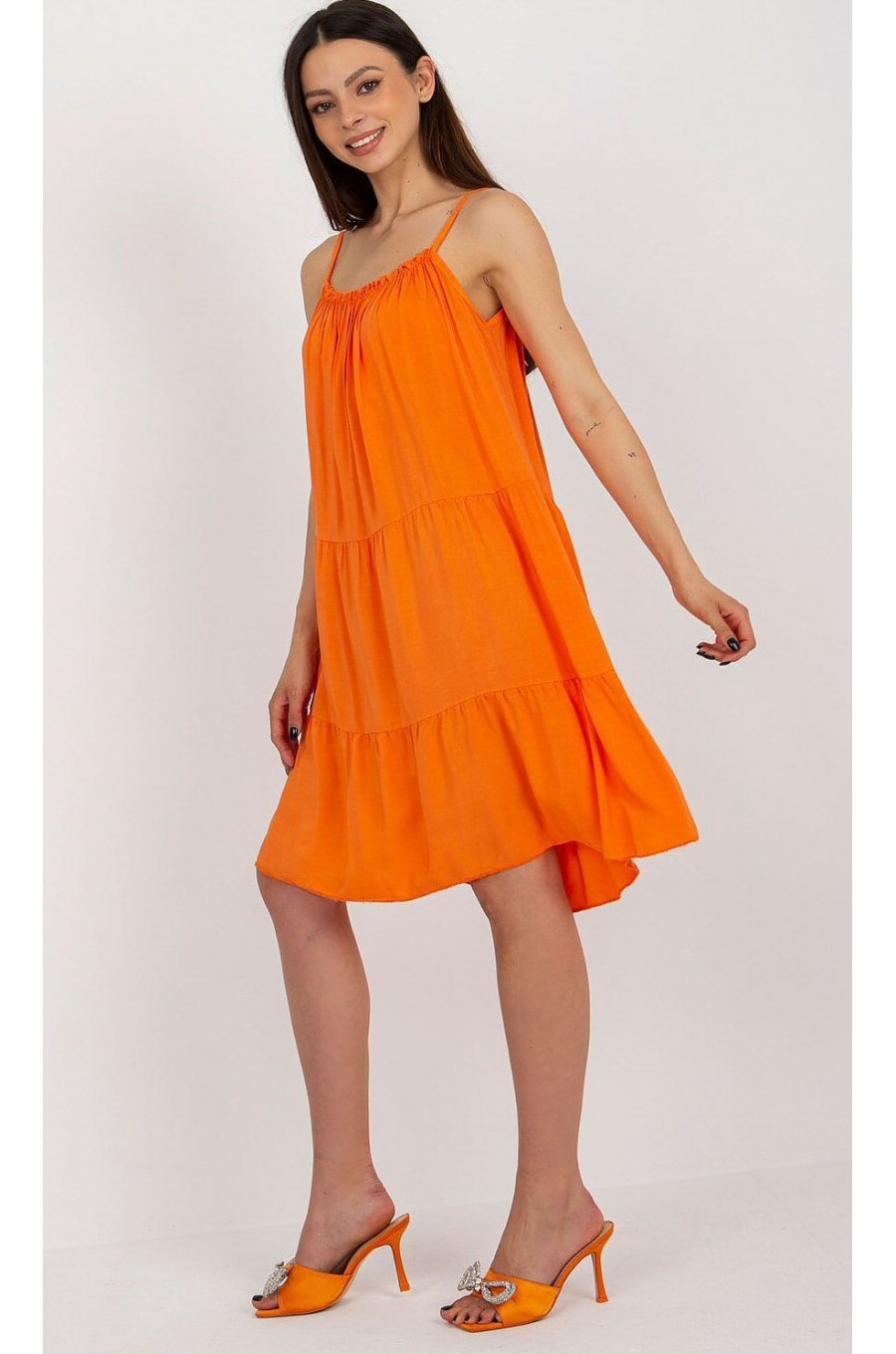Rochie midi de vara din vascoza orange vaporoasa cu volane Amedia 2 - dyandra.ro