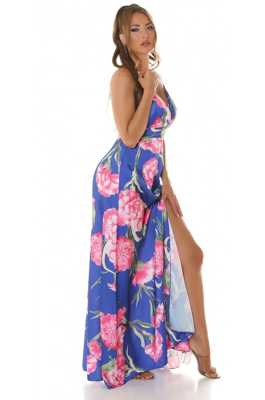 Rochie lunga de vara albastra cu flori vaporoasa Cataleya 4 - dyandra.ro