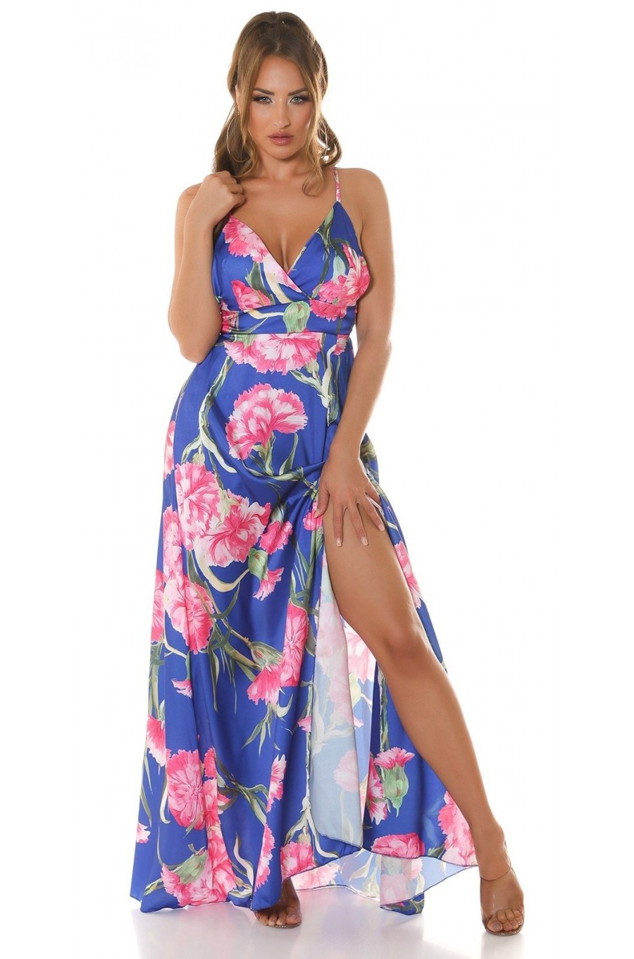 Rochie lunga de vara albastra cu flori vaporoasa Cataleya 5 - dyandra.ro