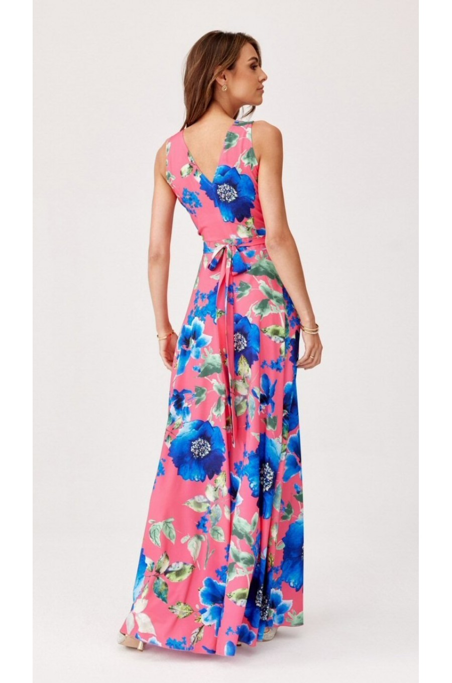 Rochie de vara lunga corai cu flori albastre vaporoasa petrecuta Nastia 2 - dyandra.ro
