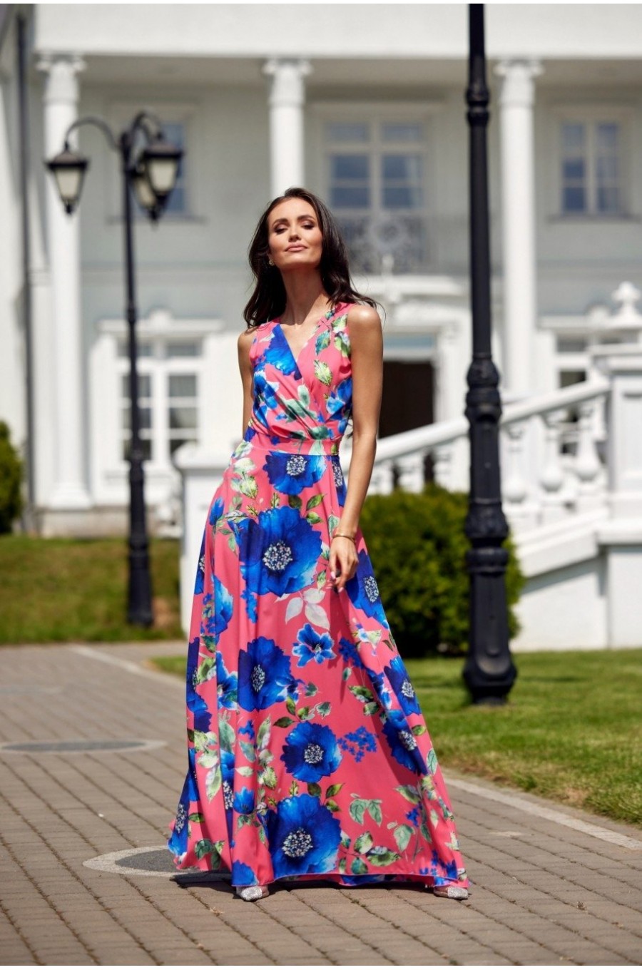 Rochie de vara lunga corai cu flori albastre vaporoasa petrecuta Nastia 4 - dyandra.ro