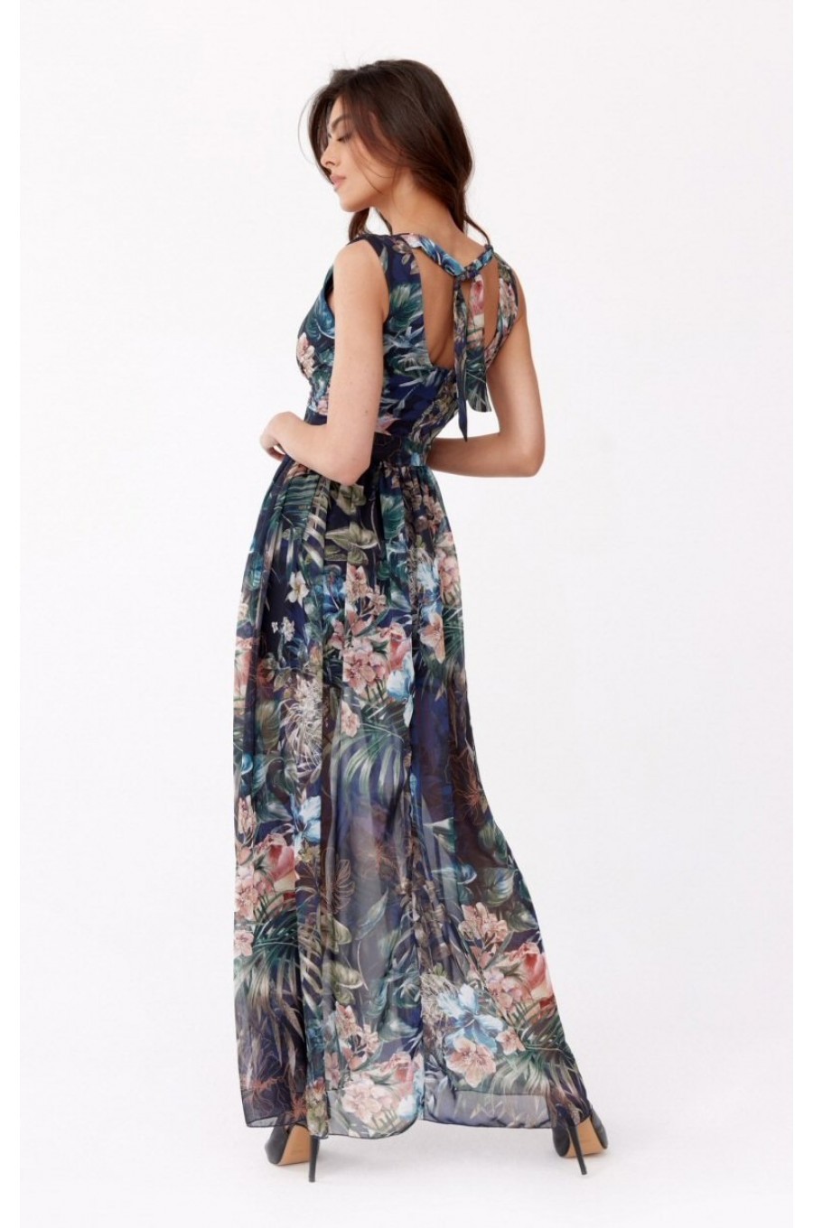 Rochie lunga de vara din chiffon bleumarin cu flori vaporoasa petrecuta Kosima Rochie lunga de vara din chiffon bleumarin cu flori vaporoasa petrecuta Kosima 2 - dyandra.ro