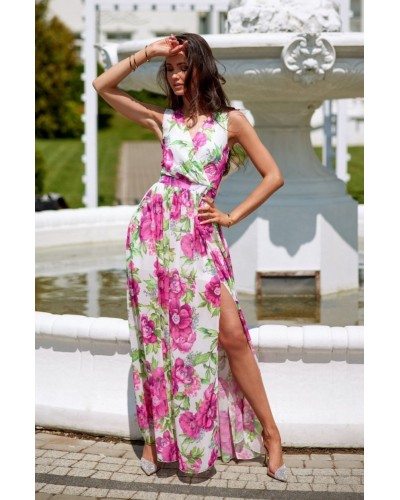 Rochie de vara lunga, din chiffon ecru cu flori roz, vaporoasa, petrecuta, Kosima - dyandra.ro