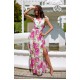 Rochie de vara lunga, din chiffon ecru cu flori roz, vaporoasa, petrecuta, Kosima 2 - dyandra.ro
