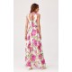 Rochie de vara lunga, din chiffon ecru cu flori roz, vaporoasa, petrecuta, Kosima 3 - dyandra.ro