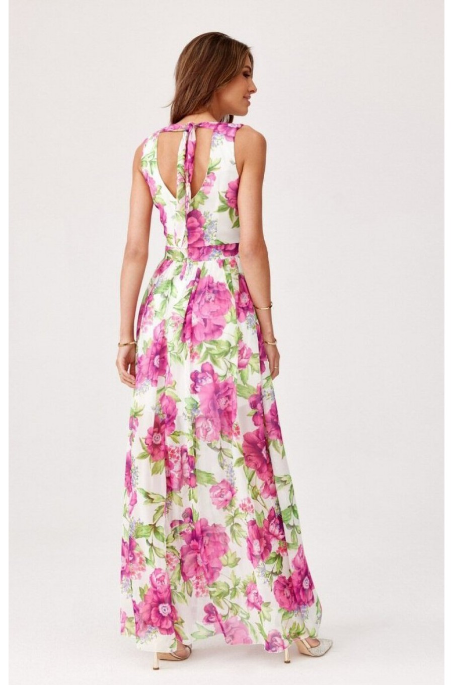 Rochie de vara lunga, din chiffon ecru cu flori roz, vaporoasa, petrecuta, Kosima 2 - dyandra.ro