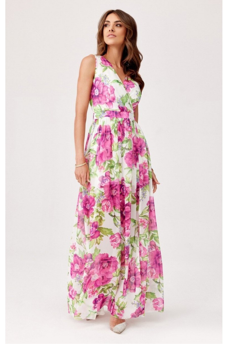 Rochie de vara lunga, din chiffon ecru cu flori roz, vaporoasa, petrecuta, Kosima 3 - dyandra.ro