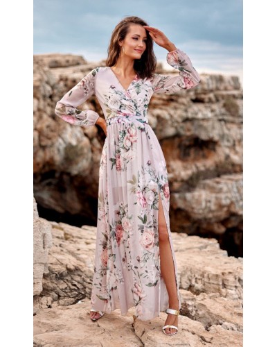 Rochie de vara lunga din voal bej cu flori vaporoasa cu maneca lunga Anamaria - dyandra.ro