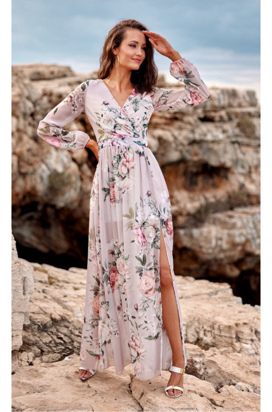 Rochie de vara lunga din voal bej cu flori vaporoasa cu maneca lunga Anamaria 1 - dyandra.ro