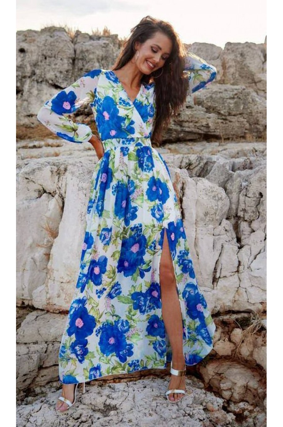 Rochie de vara lunga din voal ecru cu flori bleu vaporoasa cu maneca lunga Anamaria 1 - dyandra.ro
