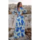 Rochie de vara lunga din voal ecru cu flori bleu vaporoasa cu maneca lunga Anamaria 3 - dyandra.ro