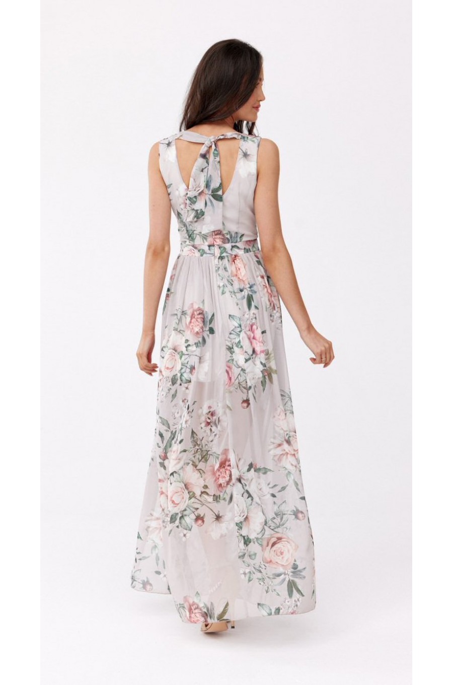 Rochie de vara lunga, din chiffon bej cu flori, vaporoasa, Kosima Rochie de vara lunga, din chiffon bej cu flori, vaporoasa, Kosima 2 - dyandra.ro