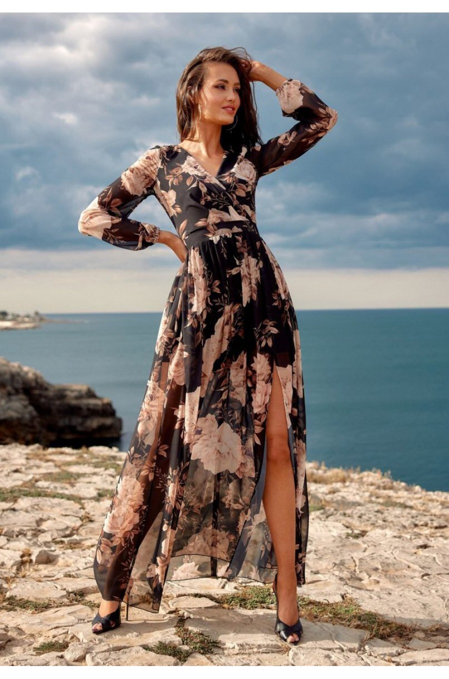 Rochie de vara lunga din voal neagra cu flori vaporoasa cu maneca lunga Anamaria 1 - dyandra.ro