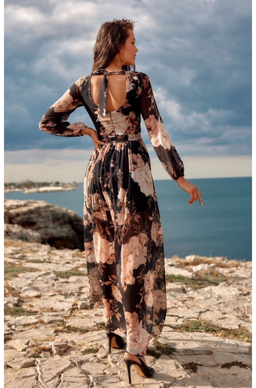 Rochie de vara lunga din voal neagra cu flori vaporoasa cu maneca lunga Anamaria 2 - dyandra.ro