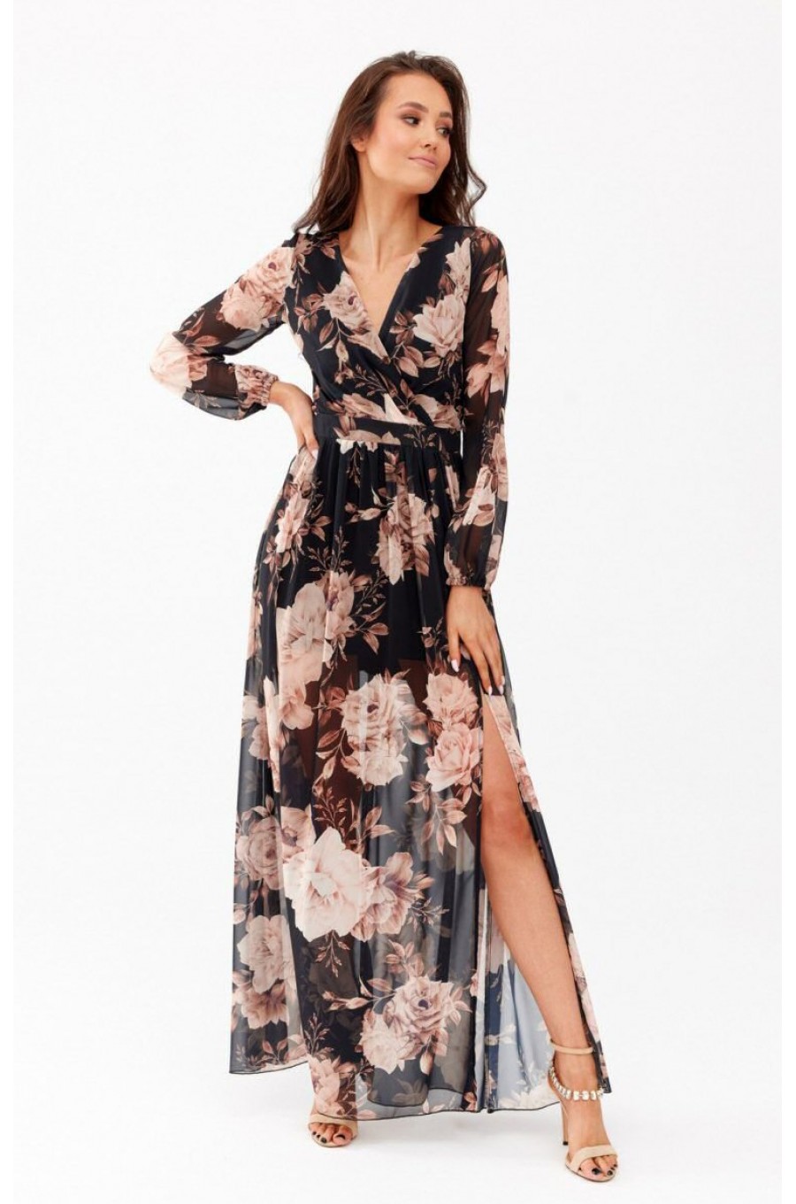 Rochie de vara lunga din voal neagra cu flori vaporoasa cu maneca lunga Anamaria 3 - dyandra.ro