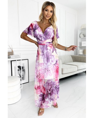 Rochie de vara lunga roz cu flori mov petrecuta Cinzia - dyandra.ro