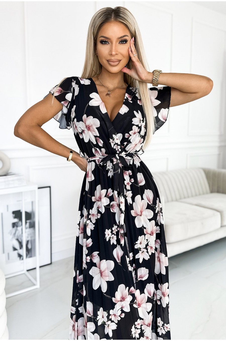 Rochie de vara lunga neagra cu flori ecru vaporoasa plisata Isolda Rochie de vara lunga neagra cu flori ecru vaporoasa plisata Isolda 3 - dyandra.ro