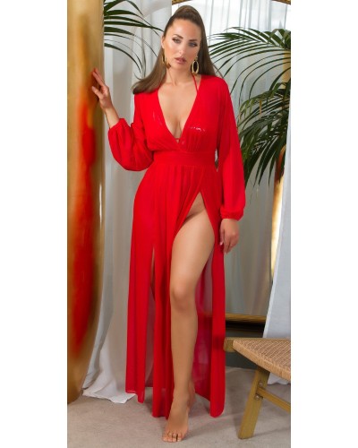 Rochie lunga rosie pareo de plaj cu maneca lunga vaporoasa Carys - dyandra.ro