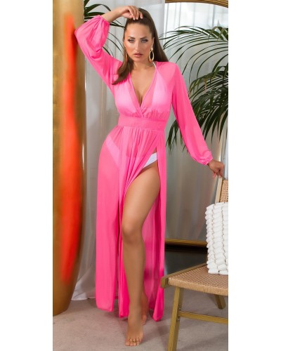 Rochie lunga roz neon pareo de plaja cu maneca lunga, vaporoasa, Carys - dyandra.ro