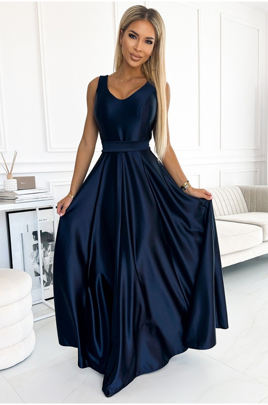 Rochie lunga din satin bleumarin navy Cindy 1 - dyandra.ro
