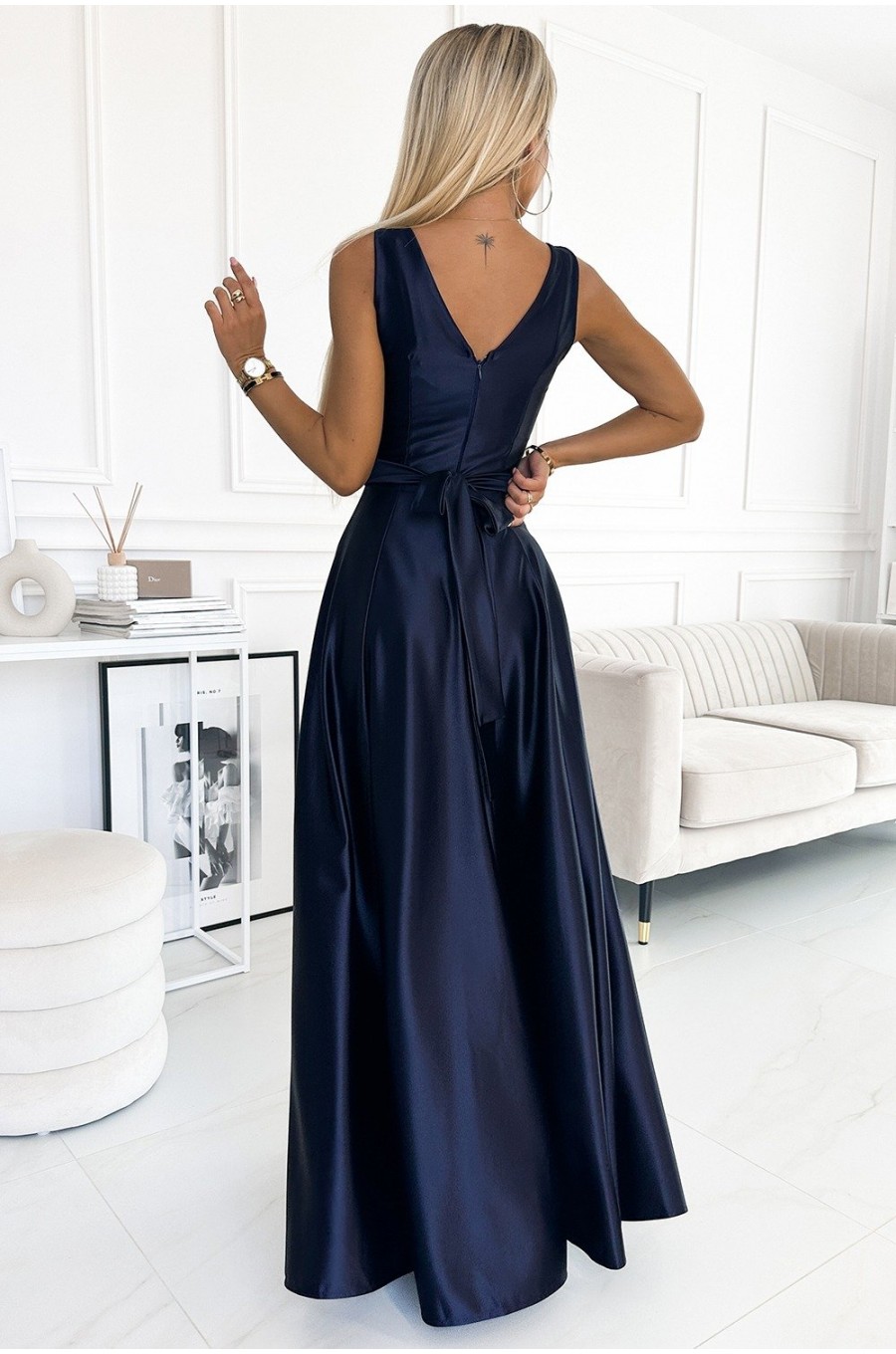 Rochie lunga din satin bleumarin navy Cindy 2 - dyandra.ro