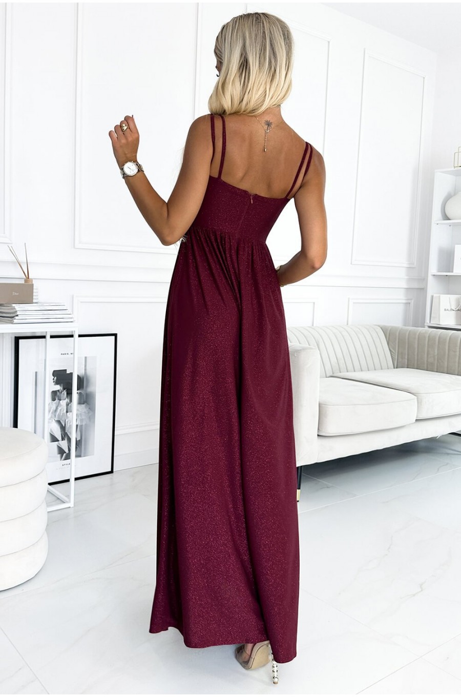 Rochie lunga din brocard burgundy crapata pe picior Carlyn 2 - dyandra.ro