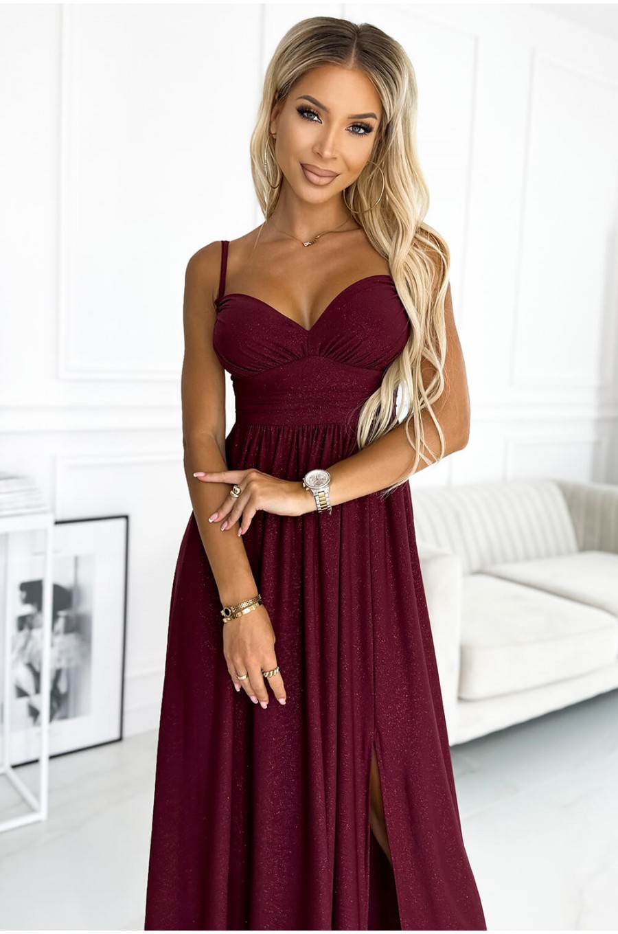 Rochie lunga din brocard burgundy crapata pe picior Carlyn 3 - dyandra.ro