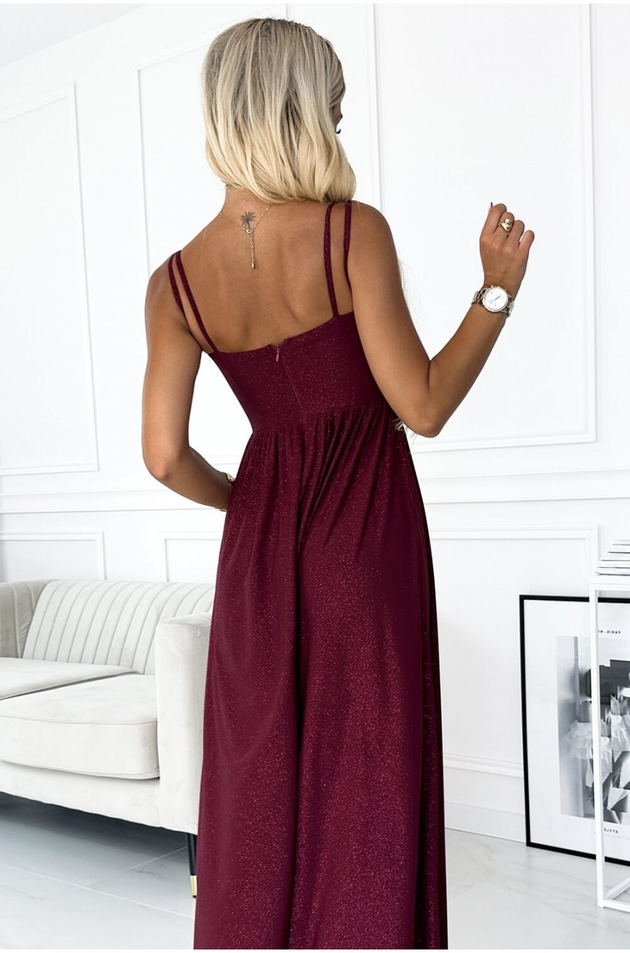 Rochie lunga din brocard burgundy crapata pe picior Carlyn 4 - dyandra.ro