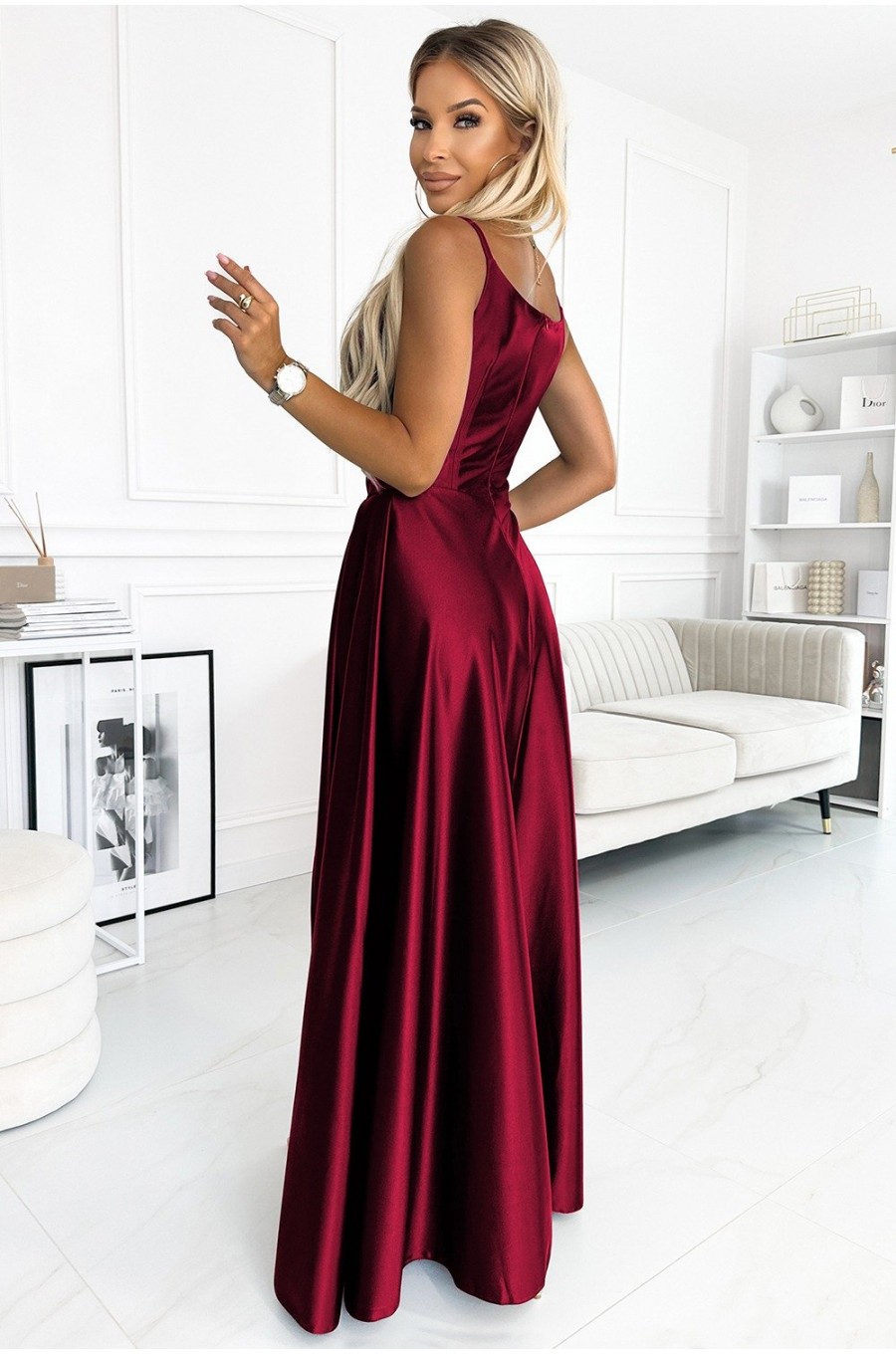 Rochie lunga din satin burgundy crapata pe picior Scarlett 2 - dyandra.ro