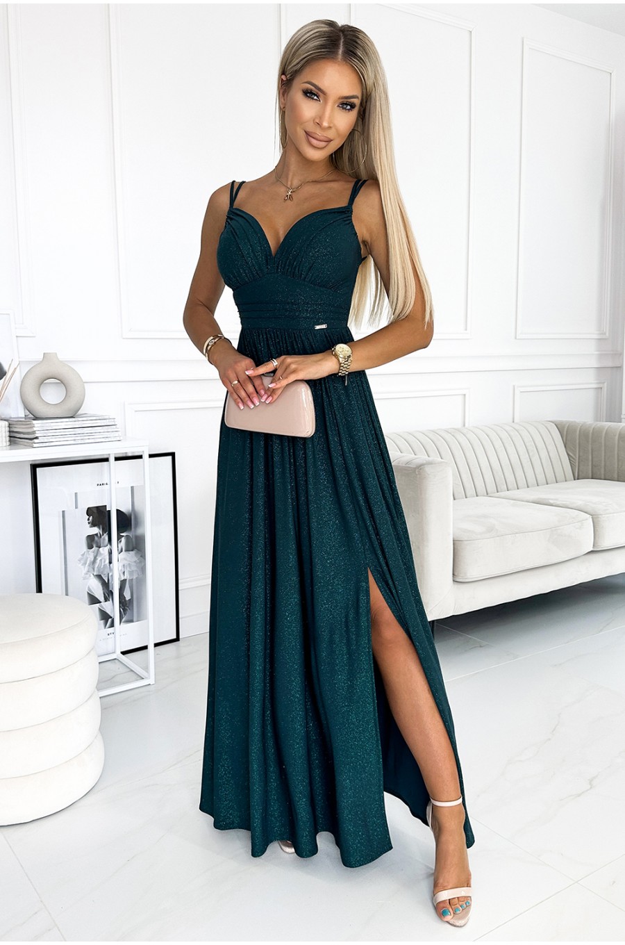 Rochie lunga verde sticla din brocard crapata pe picior Carlyn 1 - dyandra.ro