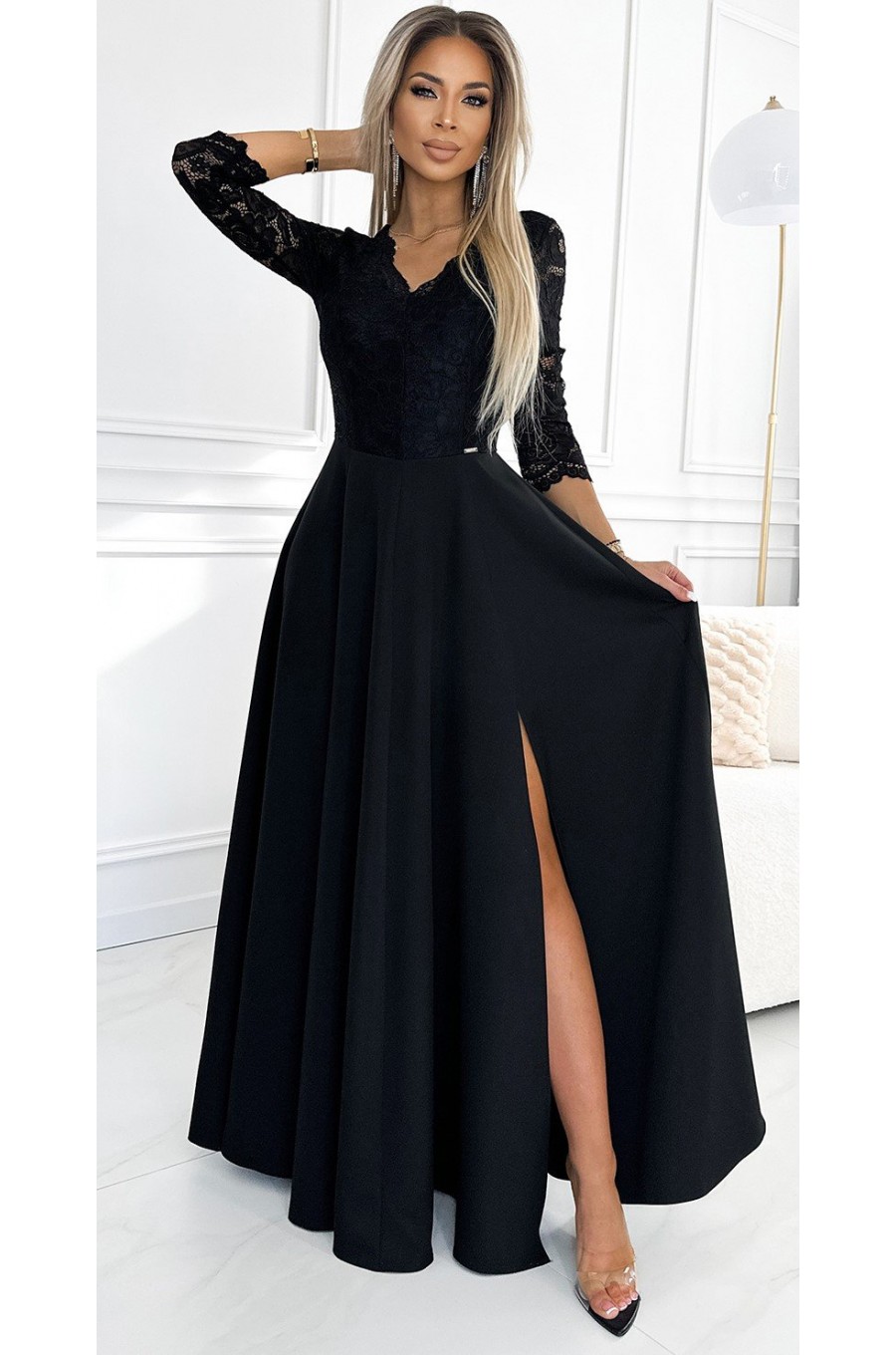 Rochie eleganta lunga neagra cu dantela pe bust cu maneca trei sferturi Allegria 1 - dyandra.ro