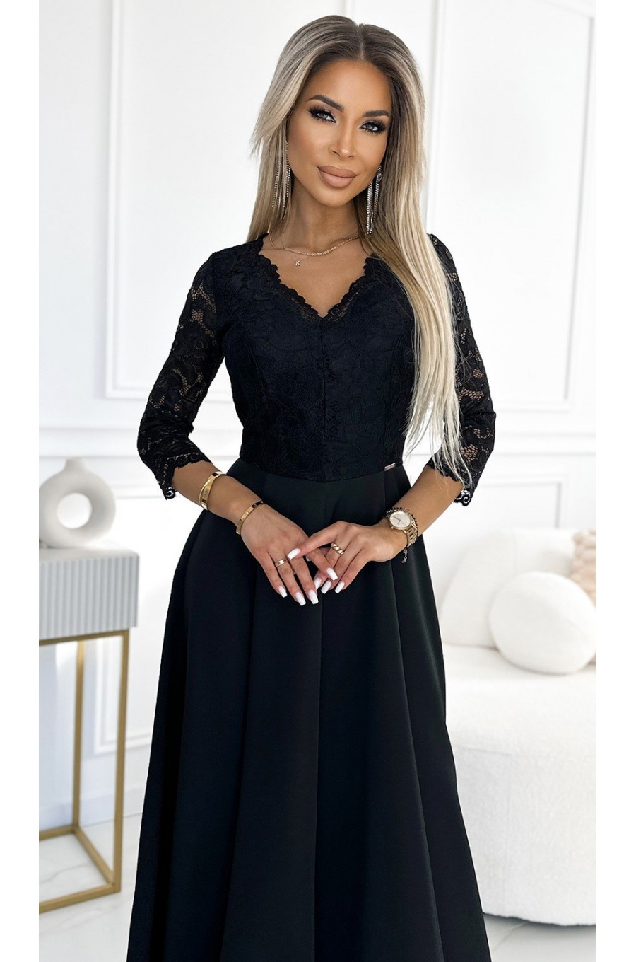 Rochie eleganta lunga neagra cu dantela pe bust cu maneca trei sferturi Allegria 3 - dyandra.ro